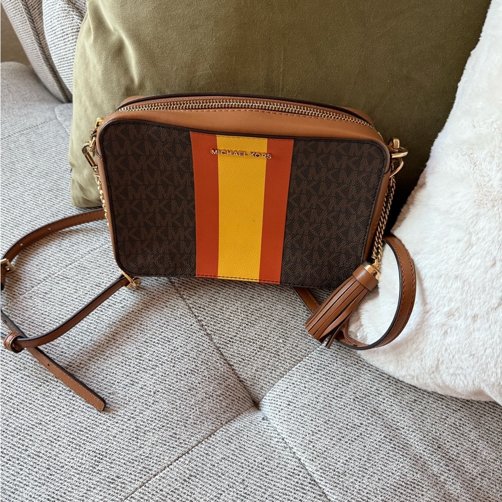 Michael Kors Brown and Orange Crossbody Bag with Monogram Print